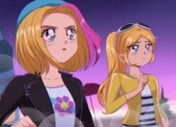 1990s_(style) 2girls animification beanie blonde_hair blue_eyes brenni_murasaki cardigan chloe_bourgeois hat jacket leather leather_jacket miraculous_ladybug multicolored_hair multiple_girls night night_sky pink_hair ponytail retro_artstyle shirt short_hair siblings sisters sky sparkle star_(sky) streaked_hair striped_clothes striped_shirt sunglasses yellow_cardigan zoe_lee