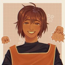 Rule 34 | 1boy, :d, arms at sides, black shirt, border, brown background, brown eyes, brown hair, chromatic aberration, commentary, dark-skinned male, dark skin, double-parted bangs, elisstarrr, english commentary, film grain, grey border, grid background, grin, hair between eyes, kel (faraway) (omori), kel (omori), lips, looking at viewer, male focus, milestone celebration, omori, open mouth, orange tank top, outline, outside border, shirt, simple background, smile, star (symbol), straight-on, tank top, upper body, white outline, white trim