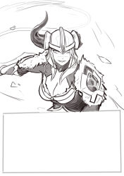 1girl absurdres armor breasts broken_horn cel_da_lin cleavage fur-trimmed_armor fur_trim greyscale grin helmet highres horns large_breasts league_of_legends long_sleeves monochrome parted_lips scar scar_on_face scar_on_nose sejuani shoulder_plates single_horn smile solo teeth upper_body