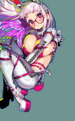1girl animal_ears aqua_background armlet belt blush bra breasts cleavage colored_inner_hair glasses hairband high_heels highres jewelry knees_up large_breasts long_hair looking_at_viewer multicolored_hair onono_imoko original pants pink_belt pink_bra pink_eyes pink_hair pink_tail rabbit_ears rabbit_tail red-framed_eyewear shrug_(clothing) simple_background solo spiked_armlet spiked_hairband spikes tail thighs two-tone_hair underwear white_hair white_hairband white_pants white_shrug