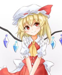 1girl ascot blonde_hair bow buttons closed_mouth commentary_request cowboy_shot crossed_arms eyelashes female_focus flandre_scarlet frilled_shirt_collar frilled_skirt frills gem hat hat_bow head_tilt highres looking_at_viewer mob_cap one_side_up puffy_short_sleeves puffy_sleeves red_bow red_eyes red_skirt red_vest sash shirt short_hair short_sleeves simple_background skirt smile solo tarumaru touhou vest white_background white_sash white_shirt wings yellow_ascot