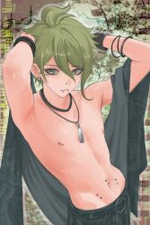 1boy alternate_costume amami_rantaro black_pants danganronpa_(series) danganronpa_v3:_killing_harmony earrings green_hair highres jewelry male_focus navel navel_piercing necklace pants piercing shiny_skin shirt short_hair solo undressing veggiemist
