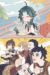 1girl 5boys :d :t ^_^ ahoge almond_tofu_(genshin_impact) antenna_hair aqua_hair arm_tattoo arrow_(symbol) artist_name asymmetrical_gloves bandaged_arm bandages bead_necklace beads black_eyes black_gloves black_hair black_pants blue_sky blush braid brown_coat brown_hair brown_shirt brown_vest changpao china_dress chinese_clothes clenched_hands closed_eyes closed_mouth cloud coat collared_shirt commentary_request day detached_sleeves dress earrings eating emphasis_lines facial_hair facial_mark food forehead_mark gaijin_4koma_(meme) genshin_impact gloves goatee gradient_hair green_gloves green_hair hand_up hands_up happy highres holding holding_plate holding_spoon huai&#039;an_(genshin_impact) husband_and_wife index_finger_raised jewelry lantern lapels long_hair meme mismatched_gloves multicolored_hair multiple_boys mustache necklace necktie open_clothes open_coat open_mouth outdoors outline outstretched_arm pants paper_lantern parted_bangs plate pointing puffy_short_sleeves puffy_sleeves red_dress shirt short_hair short_sleeves shoulder_spikes sidelocks signature simple_background single_detached_sleeve single_earring sitting sky sleeveless sleeveless_shirt smile smiley_yanxiao spikes spoon streaked_hair table tassel tattoo tofu verr_goldet_(genshin_impact) vest white_necktie white_outline white_shirt xiao_(genshin_impact) yellow_background yumoto_(ncosmanthus) zhongli_(genshin_impact)