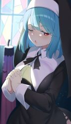 1girl ;o blue_hair breasts commentary_request interlocked_fingers karakasa_obake large_breasts long_sleeves looking_at_viewer nun oil-paper_umbrella one_eye_closed own_hands_together piyodesu red_eyes short_hair solo tatara_kogasa touhou umbrella