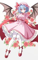 1girl absurdres back_bow bat_wings blue_hair blush bow breasts chinese_commentary closed_mouth collared_shirt commentary_request flower frilled_shirt_collar frilled_skirt frills grey_background hat hat_ribbon highres large_breasts looking_at_viewer mob_cap pantyhose pink_hat pink_shirt pink_skirt pointy_ears puffy_short_sleeves puffy_sleeves red_bow red_brooch red_eyes red_flower red_ribbon red_rose red_shoes remilia_scarlet ribbon rose setteiset shirt shoes short_sleeves simple_background skirt sleeve_bow solo touhou white_pantyhose wings wrist_cuffs