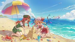 Rule 34 | 2girls, absurdres, admiral0828, ascot, barefoot, beach, beach umbrella, blonde hair, blue sky, braid, bucket, chinese commentary, cloud, collared shirt, commentary request, crab, crystal, crystal wings, day, flandre scarlet, frilled shirt collar, frilled skirt, frills, green hat, green skirt, green vest, hat, highres, hong meiling, mob cap, multicolored wings, multiple girls, ocean, one side up, open mouth, outdoors, plate, pointy ears, red eyes, red hair, red skirt, red vest, sand, sand castle, sand sculpture, shadow, shell, ship, shirt, skirt, skirt set, sky, smile, touhou, twin braids, umbrella, vest, watercraft, white hat, white shirt, wings, yellow ascot