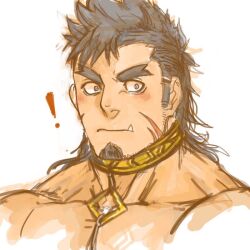 ! 1boy 392mondo bara black_hair choker closed_mouth commentary_request facial_hair forked_eyebrows goatee gullinbursti_(housamo) long_hair long_sideburns looking_to_the_side male_focus mohawk mullet muscular muscular_male portrait scar scar_on_face sideburns sideburns_stubble simple_background sketch solo stubble thick_eyebrows tokyo_houkago_summoners tusks white_background