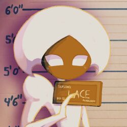 1girl alicezakat arthropod_girl artist_name barbie_(franchise) barbie_(live_action) black_skin blank_eyes blush character_name colored_skin copyright_name derivative_work female_focus flat_chest hand_up height highres holding holding_sign hollow_knight hollow_knight:_silksong lace_(hollow_knight) light_blush looking_at_viewer mugshot multicolored_skin no_mouth sign solo two-tone_skin upper_body watermark white_eyes white_skin