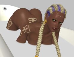 1girl ass bath bathtub bodypaint braid braided_ponytail breasts dark-skinned_female dark_skin dolores_(kof) earrings female_focus gold green_eyes huge_ass huge_breasts jewelry kneeling large_breasts long_hair looking_at_viewer milk multicolored_hair purple_hair purrbomb42 the_king_of_fighters thick_lips thick_thighs thighs top-down_bottom-up two-tone_hair wet white_hair wide_hips