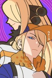 Rule 34 | 1boy, 1girl, backpack, bag, blonde hair, blue eyes, commentary request, cynthia (pokemon), frown, fur trim, ginkgo guild uniform, hair over one eye, hat, jonya, long hair, looking at viewer, nintendo, one eye covered, orange fur, pokemon, pokemon dppt, pokemon legends: arceus, purple background, upper body, volo (pokemon)