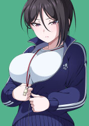 1girl asymmetrical_hair bang_dream! black_hair blue_jacket blush breasts green_background hair_behind_ear hair_between_eyes highres jacket kitayu large_breasts purple_eyes shirt simple_background solo track_suit whistle whistle_around_neck white_shirt yashio_rui zipper zipping