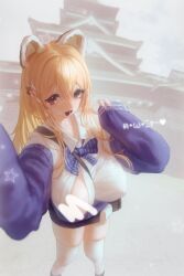 Rule 34 | 1girl, :d, accidental exposure, animal ears, bear ears, black skirt, blonde hair, blue bow, blue bowtie, blue cardigan, blue jacket, blue skirt, blurry, blurry background, blurry foreground, blush, bow, bowtie, breasts, brown eyes, cardigan, censored, censored nipples, collared shirt, depth of field, dress shirt, extra ears, fake animal ears, foreshortening, from above, full body, goddess of victory: nikke, gyaru, hair between eyes, hair ornament, hairclip, high-waist skirt, highres, holding, huge breasts, jacket, kneehighs, kogal, large breasts, loafers, long hair, long sleeves, looking at viewer, miniskirt, necktie, off shoulder, official alternate costume, open clothes, open jacket, open mouth, outdoors, partially unbuttoned, perspective, ribbon, school uniform, selfie, shirt, shoes, skirt, sleeves past wrists, smile, socks, solo, spike piercing, standing, star (symbol), striped necktie, thighhighs, tia (nikke), vwzq, white shirt