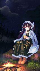 1girl boots brown_boots campfire character_request coat commentary_request commission crescent_moon cup dress hair_between_eyes headdress highres holding holding_cup lab_coat long_hair moon night night_sky no_pupils okuribi open_clothes open_coat rance_(series) red_eyes ribbon sitting skeb_commission sky solo yellow_ribbon