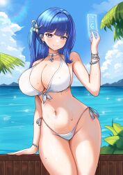 1girl absurdres arcana_(nikke) bead_bracelet beads bikini blue_hair bracelet breasts choker cleavage closed_mouth cowboy_shot day earrings front-tie_bikini_top front-tie_top goddess_of_victory:_nikke hand_up highleg highleg_bikini highres jewelry large_breasts long_hair looking_at_viewer navel one_side_up outdoors purple_eyes side-tie_bikini_bottom smile solo stomach string_bikini swimsuit thighs vavamva wet white_bikini white_choker