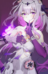 1girl absurdres bare_shoulders breasts butterfly_ornament castorice_(honkai:_star_rail) commentary_request dress elbow_gloves flower flower_ornament gloves hair_flower hair_ornament highres honkai:_star_rail honkai_(series) long_hair looking_at_viewer medium_breasts pointy_ears purple_background purple_eyes purple_gloves purple_hair senbonsang solo white_dress