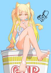 Rule 34 | 1girl, animal ears, barefoot, blonde hair, blue background, brown eyes, cat ears, cat girl, cat tail, commentary, convenient leg, crossed legs, cup ramen, feet, full body, highres, holding, holding towel, long hair, noodle stopper, original, simple background, sitting, smile, solo, tail, toes, totomoto, towel
