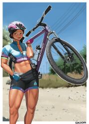 1girl abs absurdres artist_name bicycle bicycle_helmet bike_shorts black_hair blush border bottle breasts carrying cleavage cocoom fingerless_gloves gloves hair_bun helmet highres looking_to_the_side midriff muscular muscular_female original power_lines road short_shorts shorts small_breasts smile sweat thick_thighs thighs toned underwear water_bottle white_border