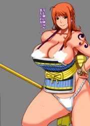 1girl adapted_costume armor bracelet breasts censored censored_nipples clima-tact earrings grey_background hand_on_own_hip highres jewelry large_breasts log_pose long_hair nami_(one_piece) nami_(one_piece)_(onigashima) no_bra one_piece orange_hair panties papepox2 shoulder_tattoo simple_background smile staff sweat tattoo translation_request underwear white_panties