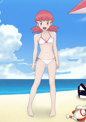 1girl ahoge armpit_crease arms_at_sides backpack bag barefoot beach bikini breasts brown_eyes cleavage eyelashes facing_viewer fankifalu feet female_focus full_body gen_2_pokemon gym_leader hair_ornament hairclip happy highres knees legs long_hair looking_at_viewer low_twintails midriff navel neck nintendo ocean open_mouth outdoors parted_bangs pigeon-toed pink_hair pokemon pokemon_hgss side-tie_bikini_bottom small_breasts smeargle summer swimsuit toes twintails unworn_backpack unworn_bag white_bikini whitney_(pokemon)
