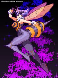 1girl abdomen_tail absurdres apoloniodraws arthropod_girl bee bee_girl bee_wings black_eyes breasts bug darkstalkers extra_eyes fingernails flying highres insect insect_girl insect_wings large_breasts purple_hair q-bee sharp_fingernails short_hair stinger wings