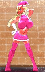 1girl arm_up armpits bare_shoulders beak belt blaziken blonde_hair blue_eyes blush boots breasts brown_background christmas colored_sclera creatures_(company) crop_top female_focus full_body fur_trim furry furry_female game_freak gen_3_pokemon hand_on_own_hip hat highres large_breasts long_hair looking_at_viewer midriff navel nintendo pink_boots pink_shirt pink_skirt pink_thighhighs pokemon pokemon_(creature) pokemon_rse santa_costume santa_hat shirt simple_background skindentation skirt sleeveless sleeveless_shirt smile solo standing sya_(sya_furry) thigh_boots thighhighs yellow_sclera zettai_ryouiki