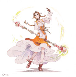 1girl aerith_gainsborough aerith_gainsborough_(garnet&#039;s_gown) braid braided_ponytail brown_gloves brown_hair choker commentary cosplay dress english_commentary final_fantasy final_fantasy_ix final_fantasy_vii final_fantasy_vii_ever_crisis garnet_til_alexandros_xvii garnet_til_alexandros_xvii_(cosplay) gloves grey_choker high-low_dress highres holding holding_staff jewelry juliet_sleeves lace-up_top long_hair long_sleeves official_alternate_costume okha orange_corset orange_dress parted_bangs pendant puffy_sleeves sidelocks single_braid smile solo staff