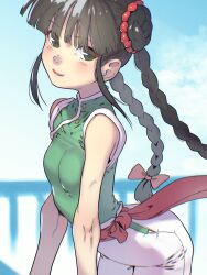 1girl artist_logo artist_name bow braid breasts closed_mouth cowboy_shot female_focus green_eyes green_shirt hair_bow hair_bun highres logo long_hair looking_at_viewer pants red_bow sash shirt side_slit sidelocks sleeveless sleeveless_shirt small_breasts smile solo soon_(c-u-soon) strider_(video_game) tong_pooh twin_braids white_pants