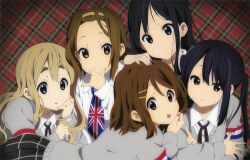 5girls :o akiyama_mio anime_coloring aqua_nails arm_support black_hair black_skirt blonde_hair blur_layer bob_cut brown_hair car cardigan closed_mouth collared_shirt crossed_arms dot_mouth dot_nose double-parted_bangs flag_print grey_car grey_nails hair_ornament hairband hairclip hand_on_another&#039;s_head hand_on_own_chin highres hikiyama_kayo hirasawa_yui ho-kago_tea_time index_finger_raised k-on! k-on!_movie kotobuki_tsumugi long_hair long_sleeves looking_at_viewer looking_to_the_side lying magazine_scan matching_outfits motor_vehicle multiple_girls nail_polish nakano_azusa necktie newtype official_art on_stomach plaid_background plaid_clothes plaid_skirt print_necktie red_nails scan shirt sideways_glance skirt split_mouth sweater tainaka_ritsu teeth textless_version thick_eyebrows twintails union_jack union_jack_print upper_teeth_only v-neck vignetting white_shirt wing_collar yellow_hairband