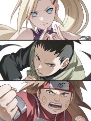 Rule 34 | 1girl, 2boys, akimichi chouji, bare shoulders, black eyes, black hair, blonde hair, blue eyes, brown eyes, brown hair, earrings, facial mark, forehead protector, highres, jewelry, konohagakure symbol, long hair, looking at viewer, multiple boys, nara shikamaru, naruto (series), naruto shippuuden, short hair, teeth, upper body, usao (313131), white background, yamanaka ino
