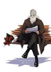 Rule 34 | 1boy, absurdres, alternate costume, black pants, black shoes, bouquet, brown coat, coat, commentary, contemporary, elden ring, elden ring: shadow of the erdtree, english commentary, flower, grey mask, highres, holding, holding paper, knightdecayed, male focus, on bench, pants, paper, red flower, red rose, rose, shoes, sir ansbach, sitting, solo
