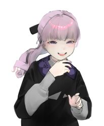 1girl commentary derivative_work grey_ghostmy half-closed_eyes lapwing_(vrchat) laughing long_hair looking_at_viewer open_mouth purple_eyes purple_hair screenshot_redraw simple_background solo teeth upper_body upper_teeth_only vrchat white_background