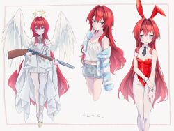 Rule 34 | 1girl, :|, alternate costume, ange katrina, ange katrina (6th costume), angel wings, animal ears, ayuko ammobium, bare arms, bare shoulders, black necktie, blue cardigan, blue eyes, border, breasts, camisole, cardigan, closed mouth, collar, collarbone, commentary request, detached collar, dress, embarrassed, fake animal ears, feathered wings, grey shorts, gun, hair between eyes, hair ornament, halo, hand on own wrist, highres, holding, holding gun, holding weapon, inset border, leotard, long hair, long sidelocks, long sleeves, looking at viewer, midriff, multiple views, necktie, nijisanji, official alternate costume, outside border, pantyhose, pink border, playboy bunny, rabbit ears, red hair, red leotard, shaded face, shoes, short dress, short necktie, shorts, shotgun, sidelocks, single leg pantyhose, small breasts, star (symbol), strapless, strapless leotard, striped cardigan, sweat, translation request, triangle hair ornament, very long hair, virtual youtuber, weapon, white background, white camisole, white collar, white dress, white pantyhose, white wings, white wrist cuffs, wings, wrist cuffs, yellow shoes