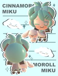 1girl 3d bow chibi chibi_only cinnamiku cinnamoroll commentary detached_sleeves dog fuwa_fuwa_cinnamoroll hair_bow hair_ornament hairclip hatsune_miku highres lavy_(lavnko) official_alternate_hairstyle one_eye_closed outline sanrio skirt smile vocaloid white_outline