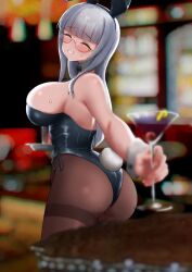 1girl absurdres animal_ears armchair ass back blurry blurry_background bow bowtie breasts chair closed_eyes drink fake_animal_ears fake_tail glass glasses heidimarie_w._schnaufer highres holding holding_tray huge_breasts indoors kuroniko leggings leotard long_hair looking_at_viewer looking_back open_mouth playboy_bunny rabbit_ears rabbit_girl rabbit_tail solo standing strike_witches sweat table tail tray white_hair world_witches_series wrist_cuffs