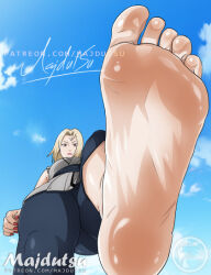 Rule 34 | 1girl, barefoot, blonde hair, blue sky, cloud, day, feet, foot focus, from below, looking at viewer, looking down, majdutsu, nail polish, naruto (series), pants, red nails, sky, soles, solo, toenail polish, toenails, toes, tsunade (naruto), watermark