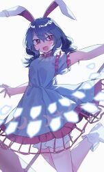 1girl :d absurdres animal_ears bloomers blue_dress blue_hair commentary crescent_print danmaku dress earclip foot_out_of_frame haruwaka_064 highres holding kine long_hair looking_at_viewer mallet open_mouth rabbit_ears rabbit_girl red_eyes seiran_(touhou) short_sleeves smile socks solo star_(symbol) star_print touhou underwear white_bloomers white_socks