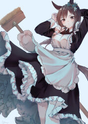 1girl absurdres alternate_costume animal_ears apron arms_up asymmetrical_sidelocks black_dress blush bow brown_eyes brown_hair cowboy_shot dress ear_bow embarrassed enmaided frilled_apron frills hair_ornament hairclip highres horse_ears horse_girl long_dress long_hair long_sidelocks maid maid_apron mejiro_dober_(umamusume) pantyhose sidelocks solo swept_bangs umamusume v-shaped_eyebrows white_apron white_eyes_(20220506white) white_pantyhose