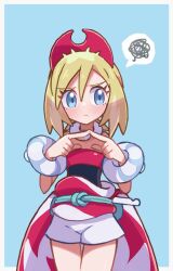 1girl blonde_hair blue_background blue_eyes blush border closed_mouth commentary_request eyelashes hair_between_eyes hairband hands_up highres hiisu_(s-1104-d) index_fingers_together irida_(pokemon) jewelry looking_away medium_hair neck_ring nintendo pokemon pokemon_legends:_arceus red_hairband red_shirt sash shirt shorts solo spoken_squiggle squiggle strapless strapless_shirt waist_cape white_border white_shorts