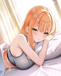 1girl akiei armpit_crease artist_name bare_arms bed_sheet blurry blush bokeh breasts closed_mouth commentary_request depth_of_field gakuen_idolmaster green_eyes grey_sports_bra hair_intakes head_on_pillow highres idolmaster indoors large_breasts light_rays long_hair looking_at_viewer lying mole mole_under_eye on_bed on_stomach orange_hair pillow shiun_sumika smile solo sports_bra