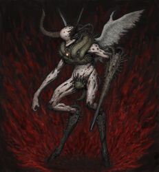 ariel_perez arm_cannon bird_wings cyborg demon fantasy highres horns monster monster_focus no_eyes no_humans original weapon wings