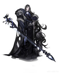 1boy absurdres armor bags_under_eyes belt black_cloak black_gloves black_hair black_ribbon black_robe blue_eyes blue_shirt center_frills cloak closed_mouth dagger du_ling_bu_ling expressionless flower frilled_shirt_collar frills full_body fur-trimmed_cloak fur_trim gloves grey_hair grey_sash harp highres holding holding_flower holding_polearm holding_weapon instrument knife knife_sheath long_hair long_sleeves looking_at_viewer male_focus multicolored_hair neck_ribbon padded_cloak parted_bangs polearm project_soul puffy_long_sleeves puffy_sleeves ribbon robe sash sheath shirt shoulder_armor shoulder_sash simple_background solo spear standing streaked_hair tassel torn_cloak torn_clothes very_long_hair watermark wavy_hair weapon weibo_watermark white_background white_flower