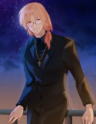 Rule 34 | 1boy, black jacket, black pants, black shirt, brown eyes, brown hair, collared shirt, cross, cross necklace, degrees of lewdity, demelondem, glasses, highres, jacket, jewelry, necklace, outdoors, pants, shirt, signature, solo, standing, sunset, sydney (degrees of lewdity), sydney (male) (degrees of lewdity)