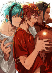 3boys :q absurdres ace_trappola aqua_hair arm_on_another&#039;s_shoulder ball basketball_(object) black_hair blush brown_eyes brown_hoodie collarbone commentary_request dark-skinned_male dark_skin fang fingernails floyd_leech grey_sweater hair_between_eyes highres holding holding_ball hood hoodie jamil_viper long_sleeves looking_to_the_side male_focus midriff_peek multicolored_hair multiple_boys nana_tetra open_mouth parted_lips red_eyes red_hair red_shirt sharp_teeth shirt short_hair simple_background single_sidelock skin_fang streaked_hair sweater teeth tongue tongue_out translation_request twisted_wonderland twitter_username two-tone_hair upper_body white_background white_shirt yellow_eyes