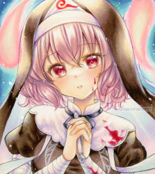 1girl alternate_costume black_dress blood blood_on_clothes blood_on_face blush commentary cross dress halloween_costume holding holding_cross interlocked_fingers looking_at_viewer medium_hair nekofish666 nun own_hands_together pink_eyes pink_hair saigyouji_yuyuko solo touhou traditional_media triangular_headpiece twitter_username