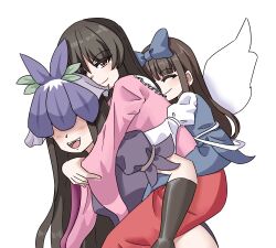 Rule 34 | 3girls, :d, black gloves, black hair, blue bow, bow, brown eyes, carrying, closed eyes, commentary, elbow gloves, english commentary, fairy wings, flower, flower on head, gloves, hair bow, hairstyle connection, highres, hime cut, houraisan kaguya, long hair, looking at viewer, multiple girls, open mouth, praeto, simple background, smile, star sapphire, touhou, white background, wings, yomotsu hisami