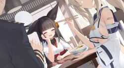 1boy 2girls alternate_costume animal_ears azur_lane breasts chinese_commentary chopsticks closed_eyes closed_mouth commander_(azur_lane) commentary_request dalian_(1457091741) dutch_angle fox_ears fox_girl highres holding holding_chopsticks japanese_clothes long_hair medium_breasts multiple_girls nagato_(azur_lane) open_mouth revision sitting small_breasts underboob