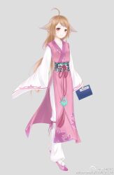 1girl ahoge animal_ears artist_request book brown_eyes brown_hair chinese_clothes chinese_commentary closed_mouth commentary_request dot_nose eyelashes floral_print full_body grey_background hanfu happy highres holding holding_book light_blush long_hair long_sleeves looking_at_viewer loose_hair_strand low_ponytail miracle_nikki nikki_(series) official_art pants pink_hanfu pink_shoes pom_pom_(clothes) ponytail red_ribbon ribbon sash second-party_source shirt shoes simple_background sleeves_past_wrists smile solo standing swept_bangs very_long_hair waist_ribbon watermark weibo_watermark white_pants white_sash white_shirt wide_sleeves