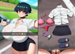 Rule 34 | 1girl, absurdres, black choker, black hair, blue eyes, blurry, blurry background, blush, bra, breasts, butt plug, choker, clothes on floor, commentary, curvy, discreet vibrator, english commentary, english text, fake phone screenshot, fake screenshot, fang, female pov, finger heart, highres, huge breasts, implied nudity, meme, miniskirt, munah mai (munah munah), munah munah, nipples, original, panties, pencil skirt, pink bra, ponytail, pov, public indecency, public nudity, public vibrator, rate my fit (meme), red panties, school uniform, selfie, sex toy, shirt, shoes, short eyebrows, short hair, short ponytail, short sleeves, skin fang, skirt, snapchat, solo, thick eyebrows, thong, underwear, unworn bra, unworn shoes, vibrator, white shirt