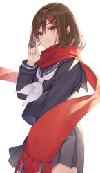 1girl arl black_serafuku brown_eyes brown_hair closed_mouth commentary cowboy_shot enpera hair_between_eyes hair_ornament hairclip hand_up highres index_finger_raised kagerou_project long_hair long_sleeves looking_at_viewer medium_hair neckerchief pointing pointing_up red_scarf scarf school_uniform serafuku simple_background skirt smile solo standing tateyama_ayano white_background white_neckerchief