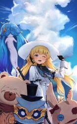 Rule 34 | 1girl, absurdres, black collar, black gloves, black skirt, blonde hair, blue eyes, blue sash, blue sky, collar, commentary, day, gloves, hat, highres, holding, holding staff, kryto arts, long hair, one eye closed, open mouth, outdoors, pantyhose, phoebe (wuthering waves), sash, shirt, skirt, sky, smile, solo, staff, tacet discord (wuthering waves), tacet mark (wuthering waves), white hat, white pantyhose, white shirt, white skirt, wuthering waves